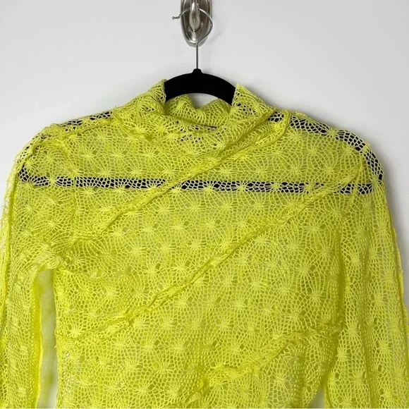 KIM SHUI Exclusive Asymmetrical Sheer Crochet Turtleneck Top Neon Yellow Size S - Picture 6 of 12